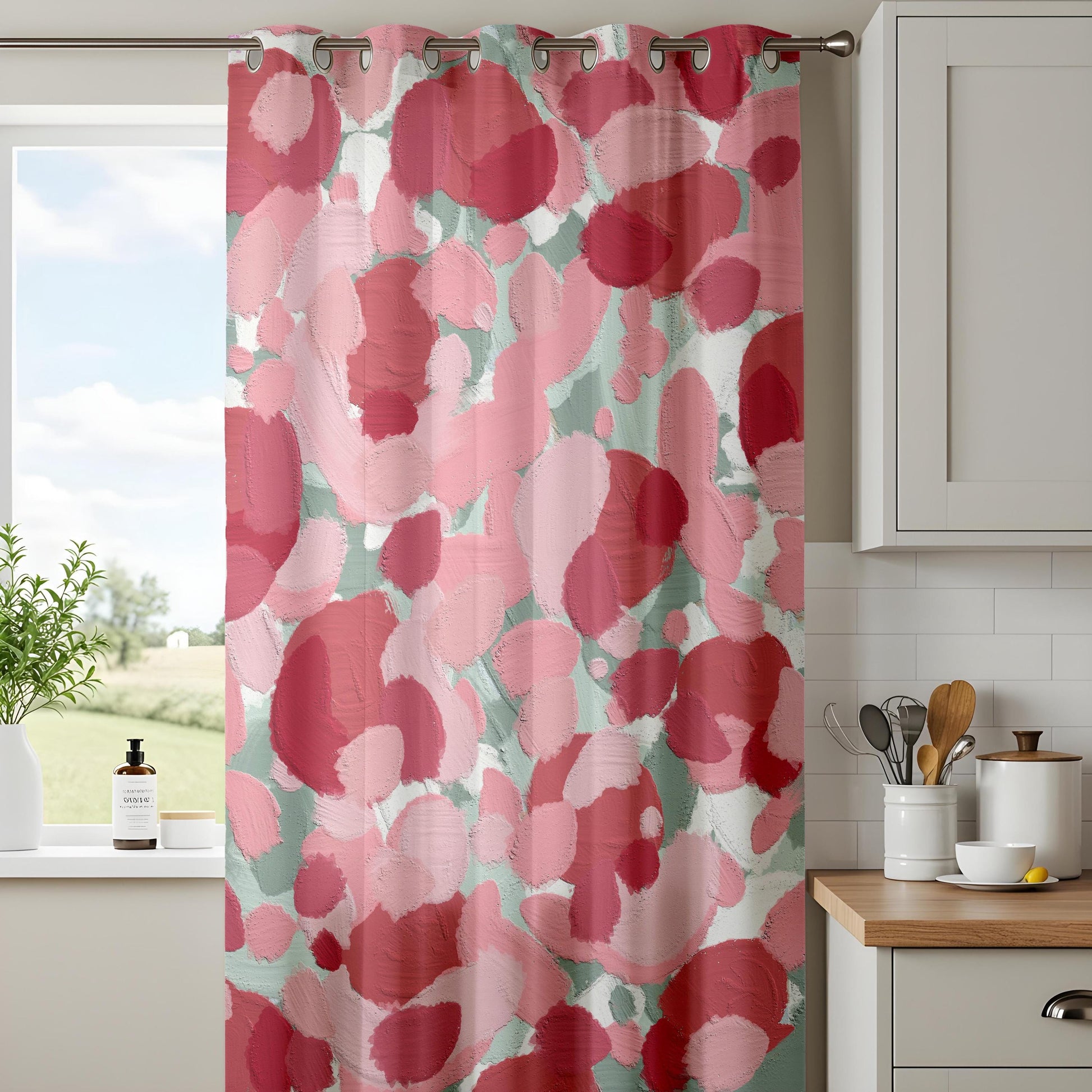 Onay Abstract Brushstroke Curtains – Pink Red Mint Green Artistic Drapes