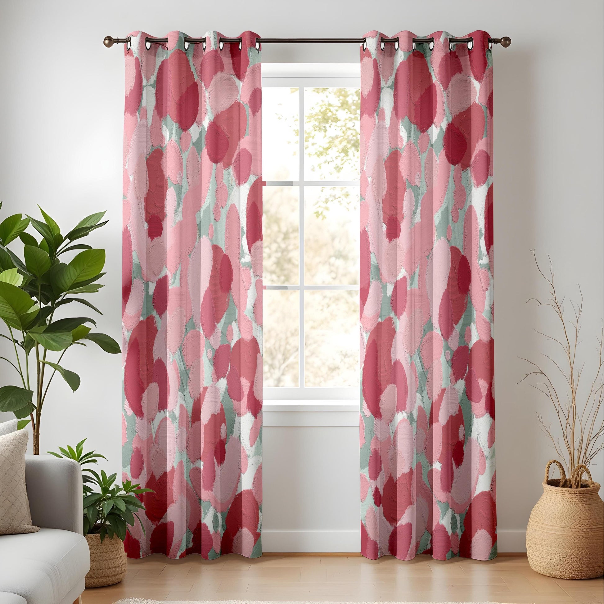 Onay Abstract Brushstroke Curtains – Pink Red Mint Green Artistic Drapes