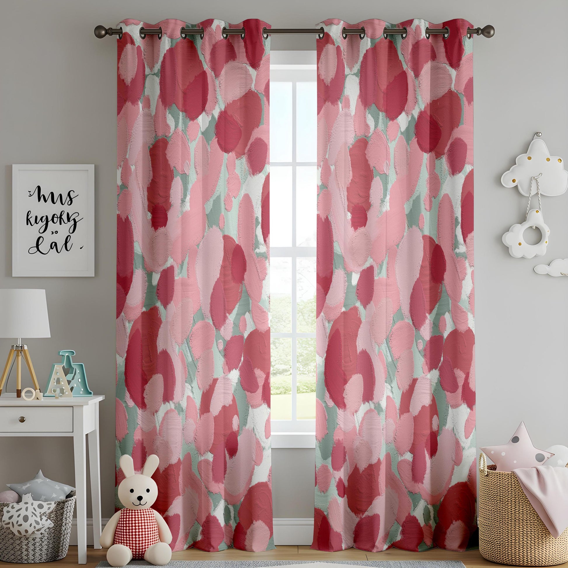 Onay Abstract Brushstroke Curtains – Pink Red Mint Green Artistic Drapes