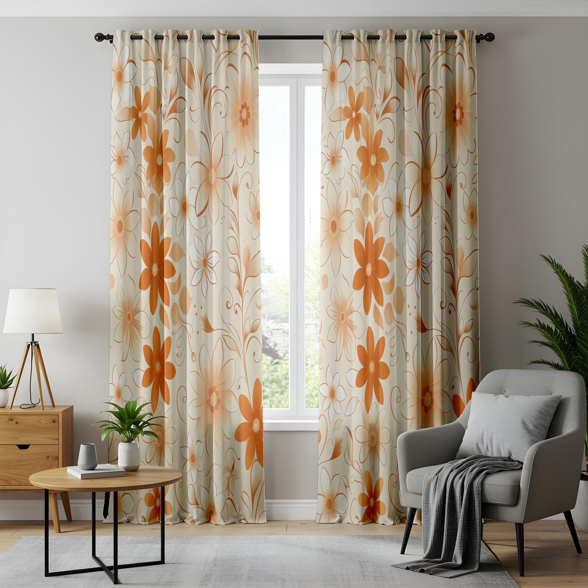 Onay Retro Orange Floral Curtains – Cream Boho Living Room Drapes