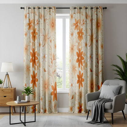 Onay Retro Orange Floral Curtains – Cream Boho Living Room Drapes
