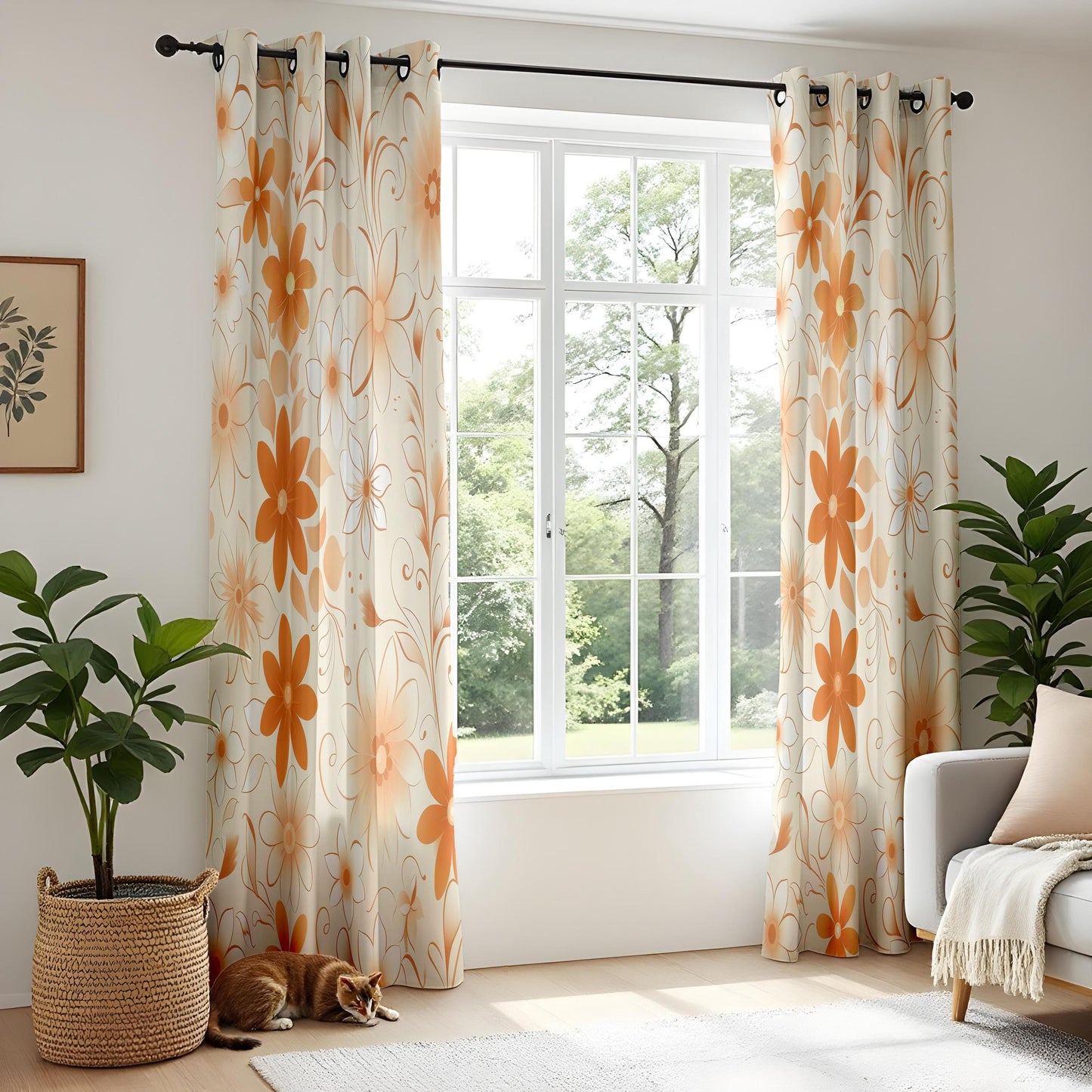 Onay Retro Orange Floral Curtains – Cream Boho Living Room Drapes