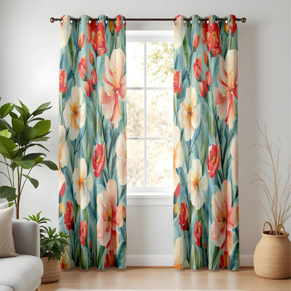 Watercolor Floral Living Room Curtains, Bold Tropical Flowers in Red and Peach