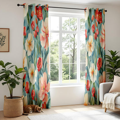 Watercolor Floral Living Room Curtains, Bold Tropical Flowers in Red and Peach