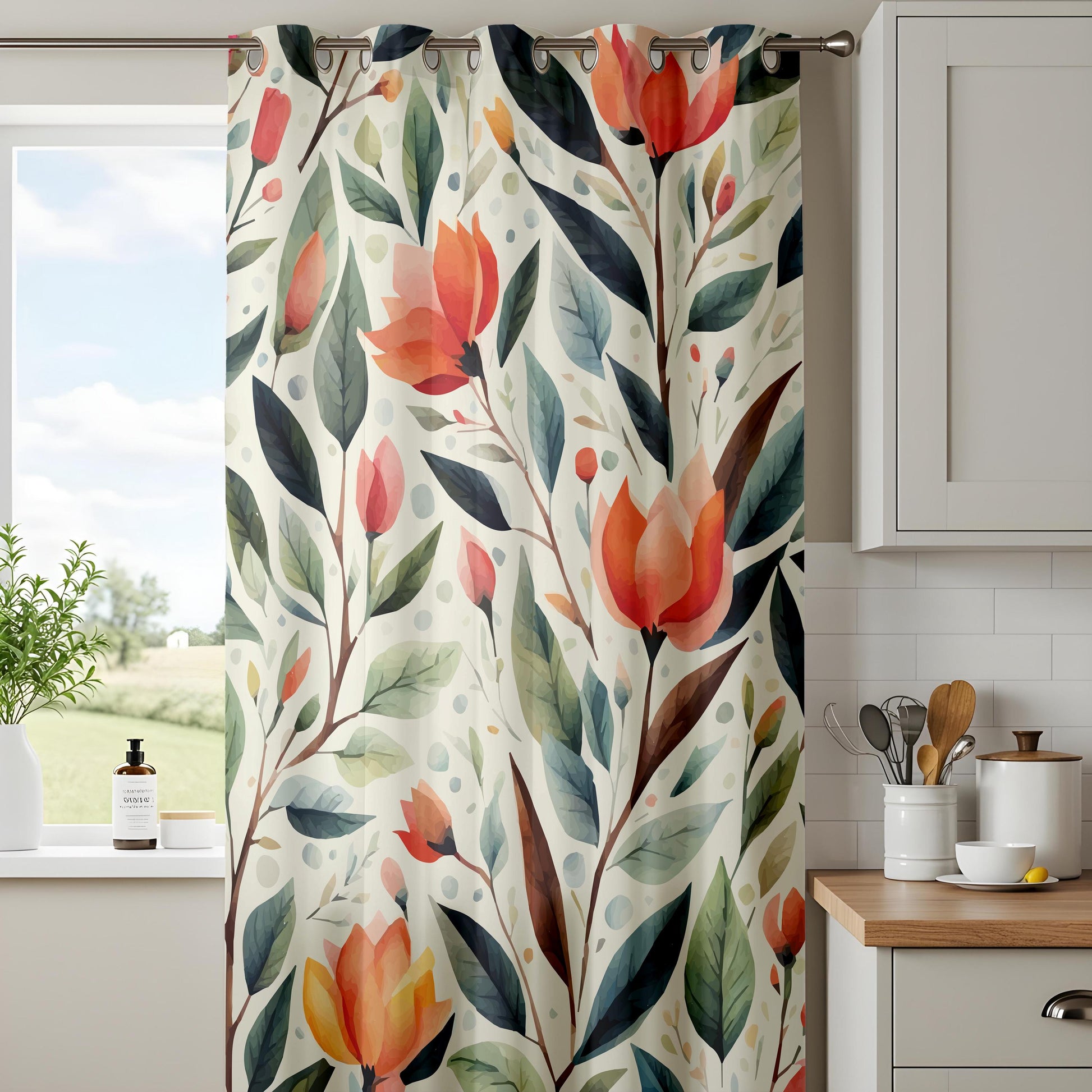Onay Watercolor Floral Window Curtains – Rustic Botanical Print