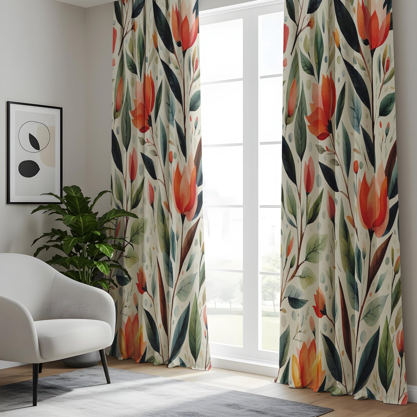 Onay Watercolor Floral Window Curtains – Rustic Botanical Print