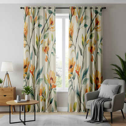 Onay Watercolor Floral Curtains – Red Orange Botanical Drapes
