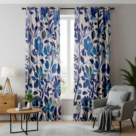 Blue Floral Living Room Curtains, Watercolor Botanical Drapes, Navy and Indigo Flower