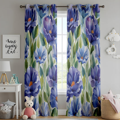 Blue Violet Floral Living Room Curtains, Watercolor Peony Inspired Drapes