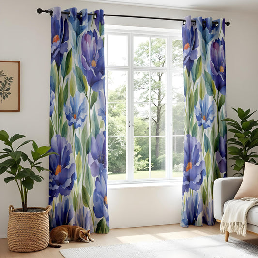 Blue Violet Floral Living Room Curtains, Watercolor Peony Inspired Drapes