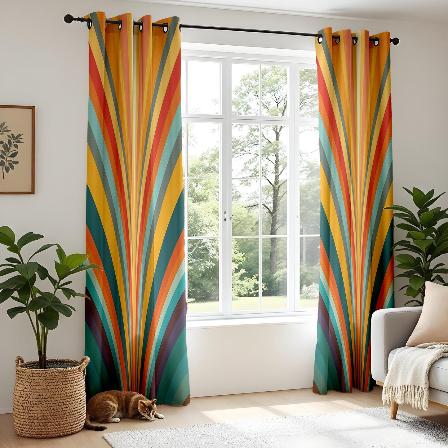Onay Retro Sunburst Curtains – 70s Rainbow Stripe Drapes