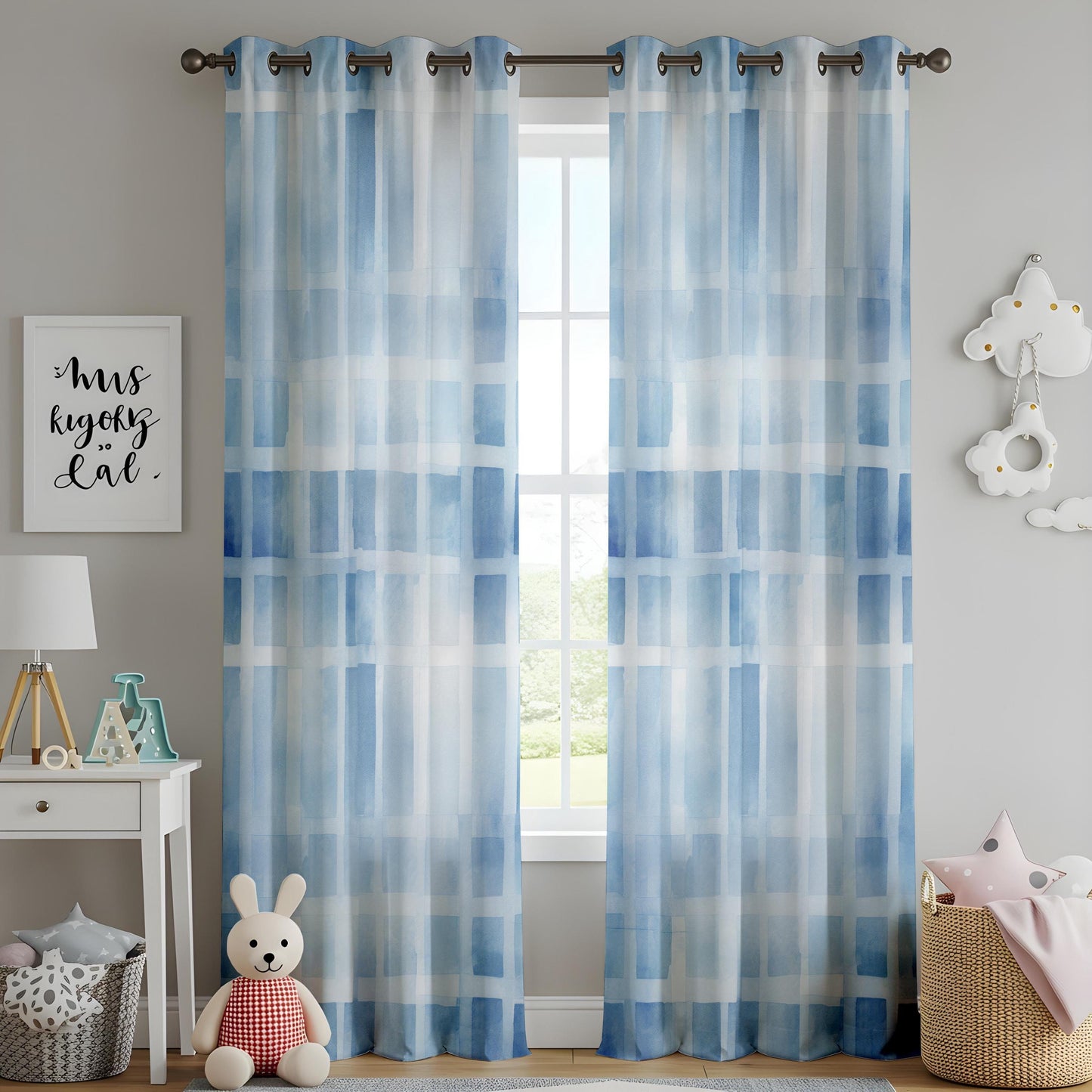 Modern Blue Grid Living Room Curtains, Watercolor Plaid Style Window Drapes