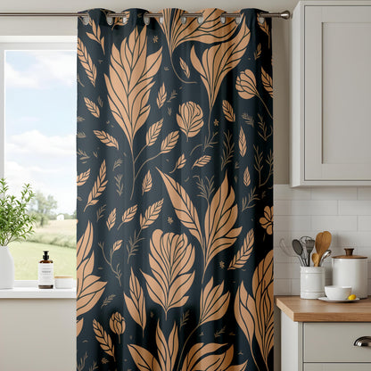 Dark Floral Curtains for Living Room, Golden Leaf Pattern Drapes