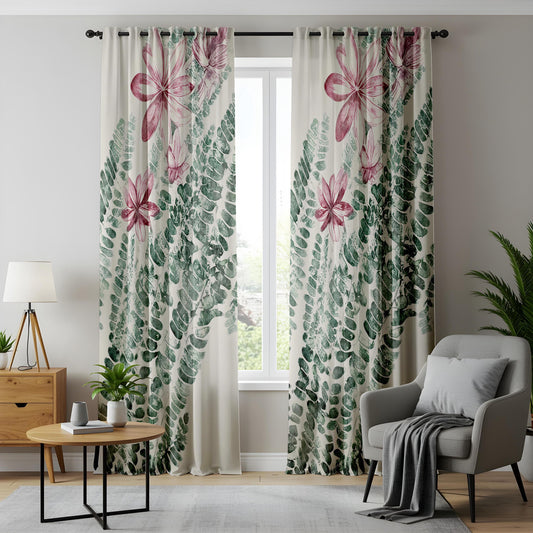 Floral Fern Kitchen Curtains, Pink Blossom Botanical Drapes