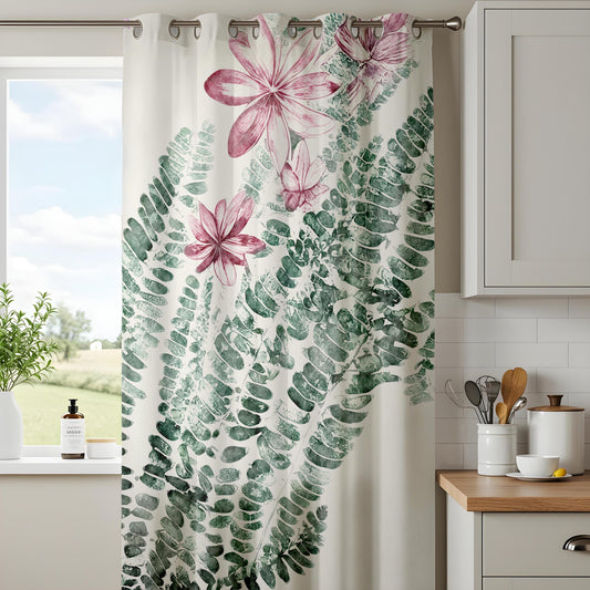 Floral Fern Kitchen Curtains, Pink Blossom Botanical Drapes