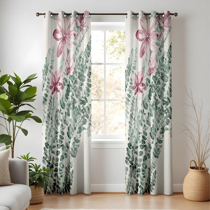 Floral Fern Kitchen Curtains, Pink Blossom Botanical Drapes