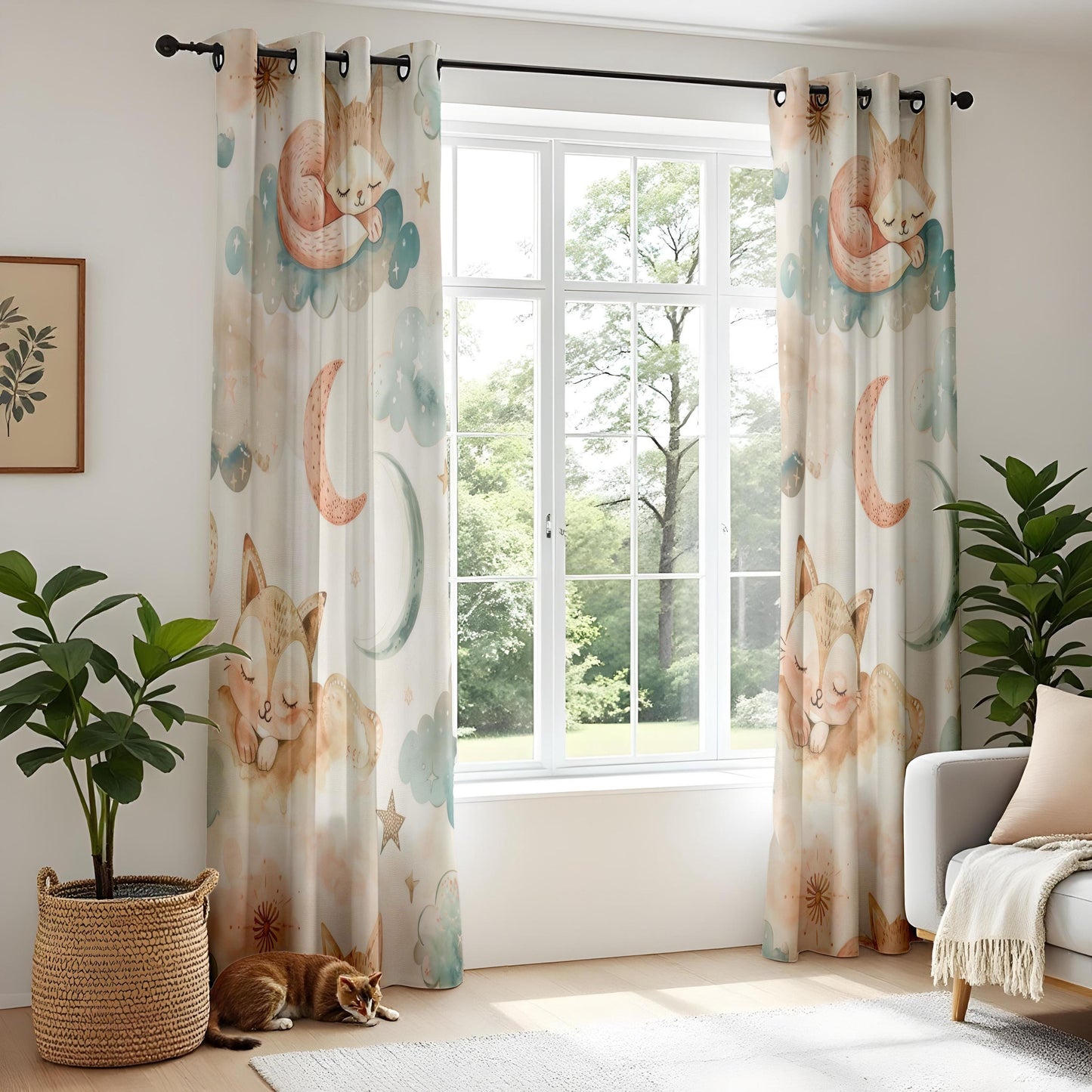 Onay Sleeping Fox Nursery Curtains – Pastel Moon Cloud Print