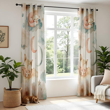 Onay Sleeping Fox Nursery Curtains – Pastel Moon Cloud Print