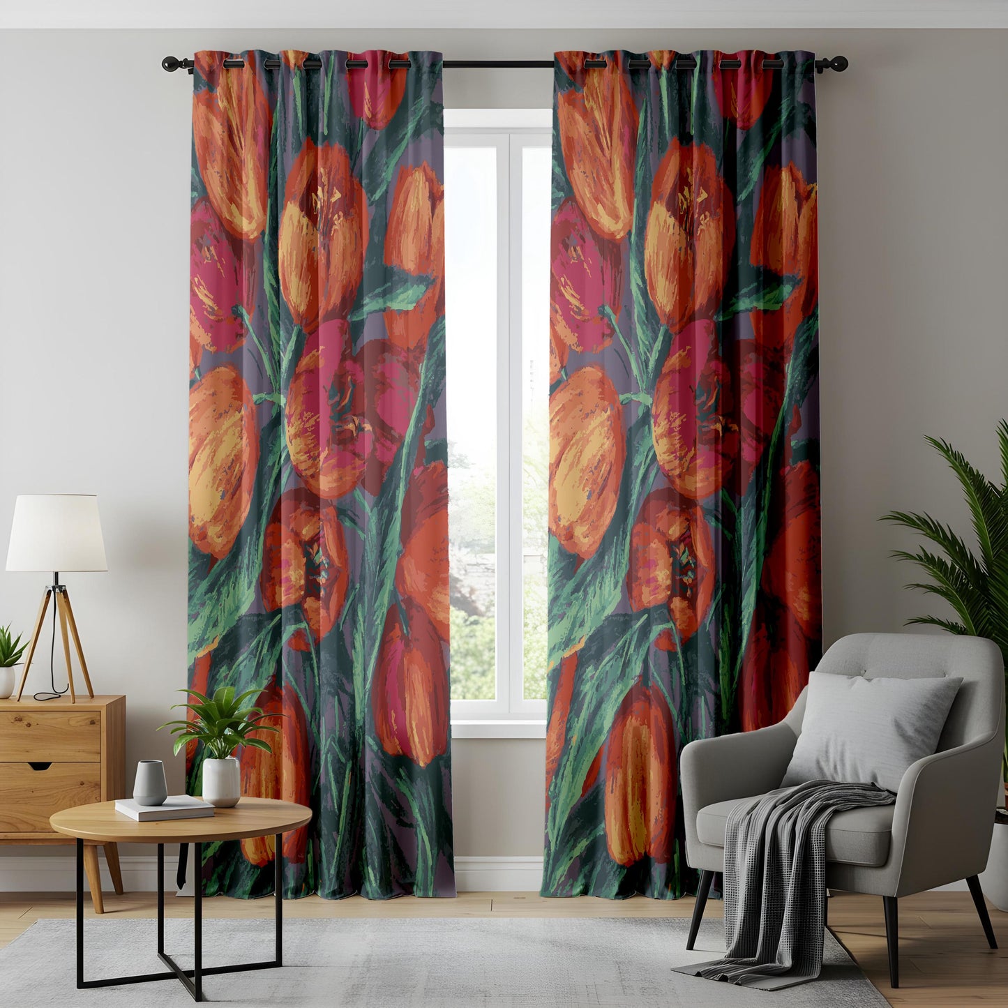Onay Bold Tulip Floral Curtains – Painterly Red Orange Bloom Drapes
