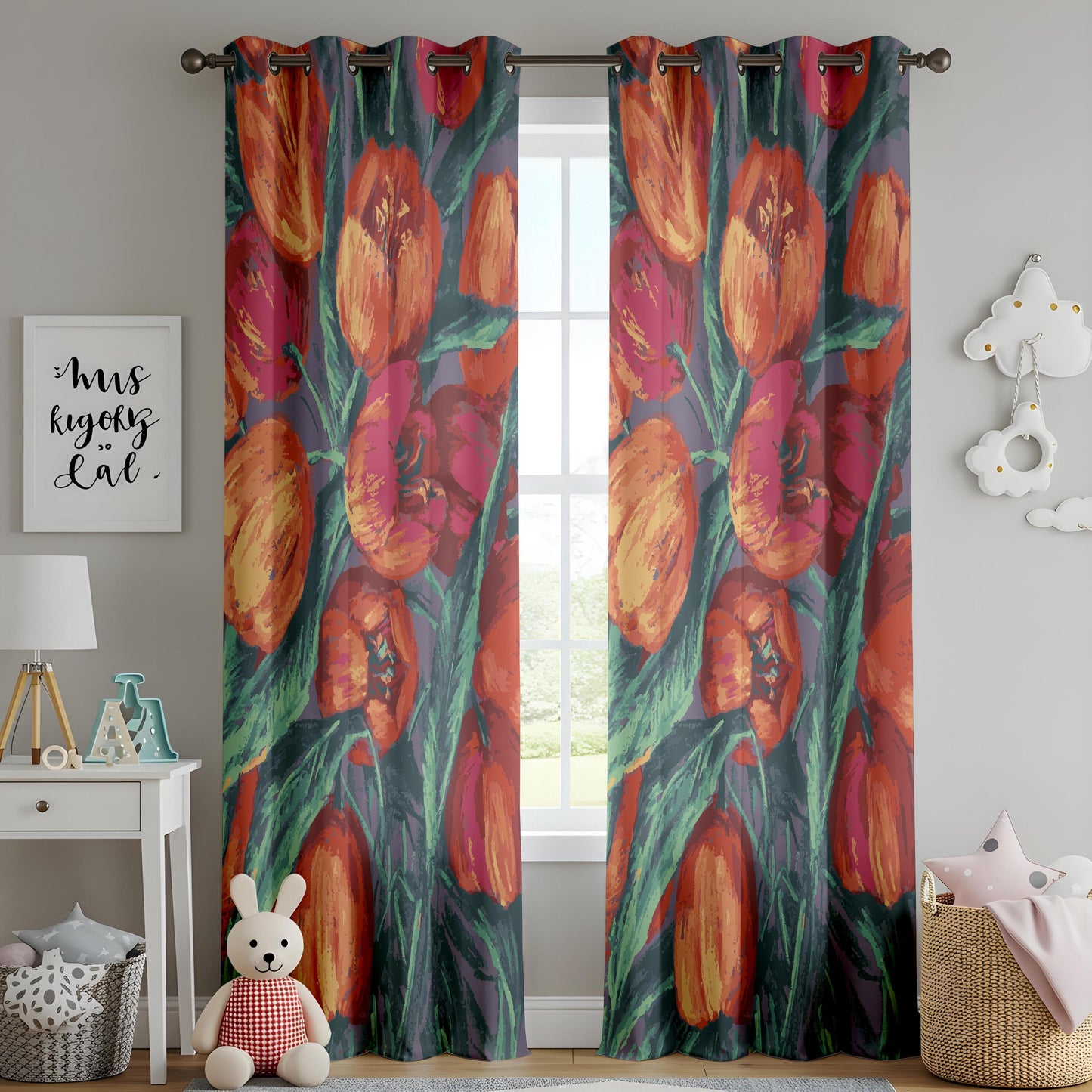 Onay Bold Tulip Floral Curtains – Painterly Red Orange Bloom Drapes