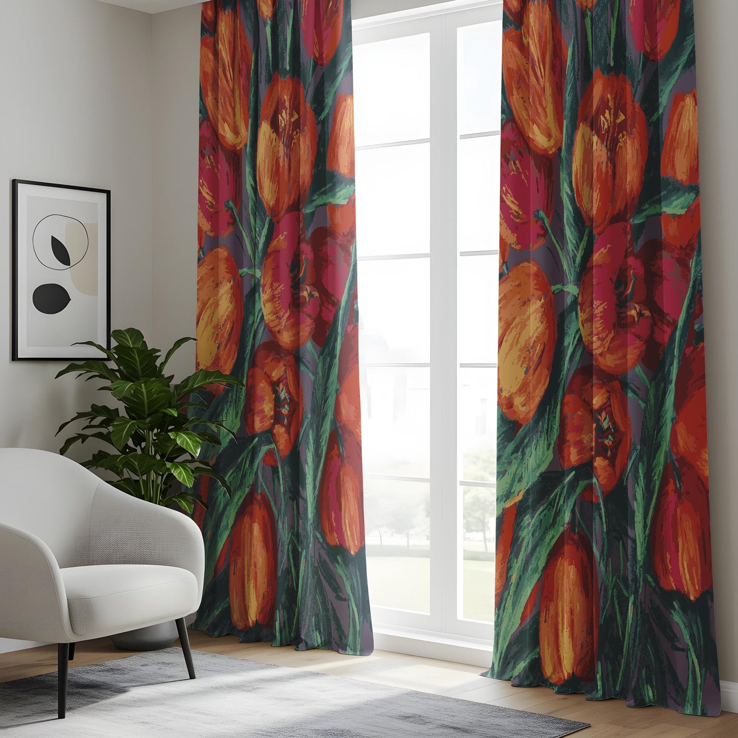 Onay Bold Tulip Floral Curtains – Painterly Red Orange Bloom Drapes