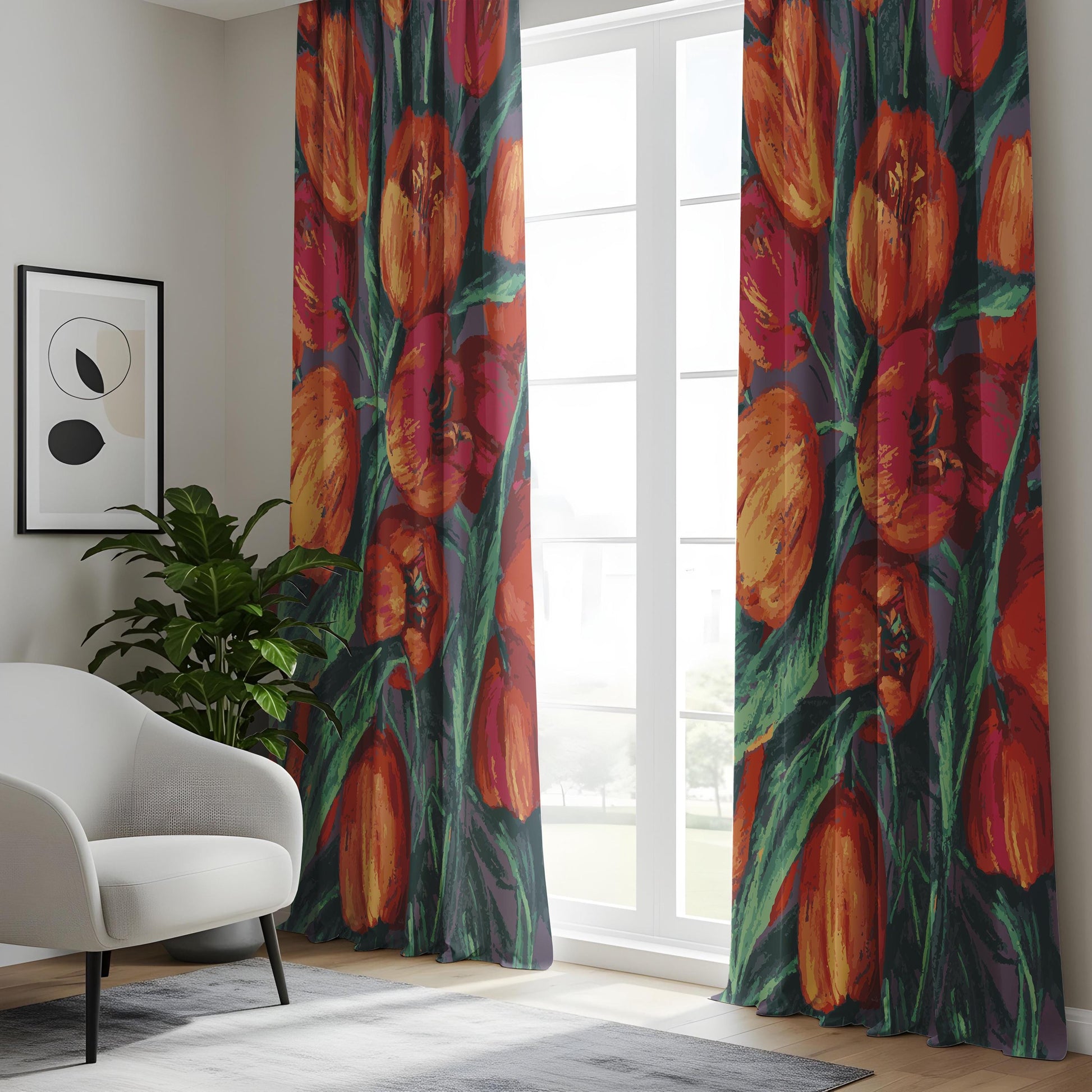 Onay Bold Tulip Floral Curtains – Painterly Red Orange Bloom Drapes