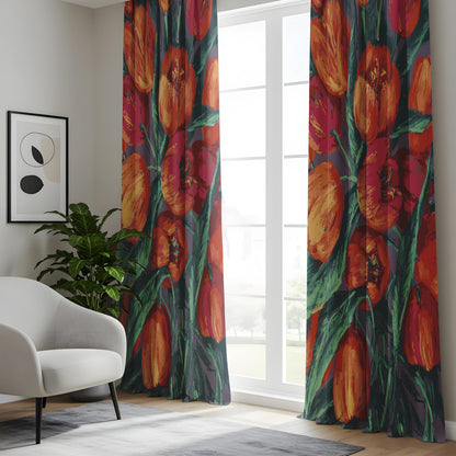 Onay Bold Tulip Floral Curtains – Painterly Red Orange Bloom Drapes