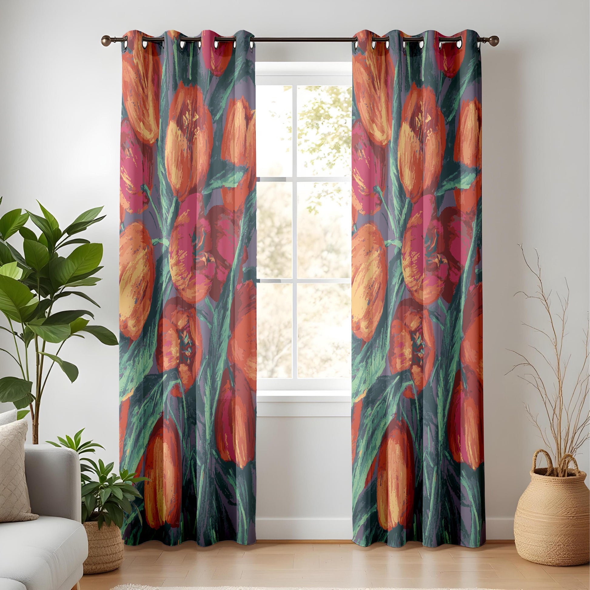 Onay Bold Tulip Floral Curtains – Painterly Red Orange Bloom Drapes