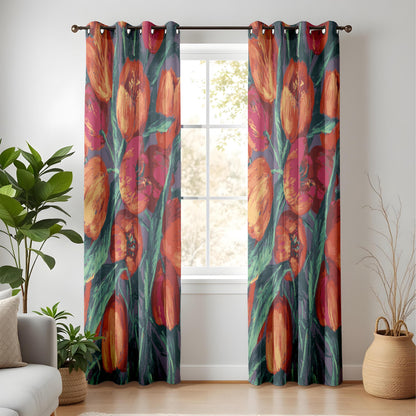 Onay Bold Tulip Floral Curtains – Painterly Red Orange Bloom Drapes