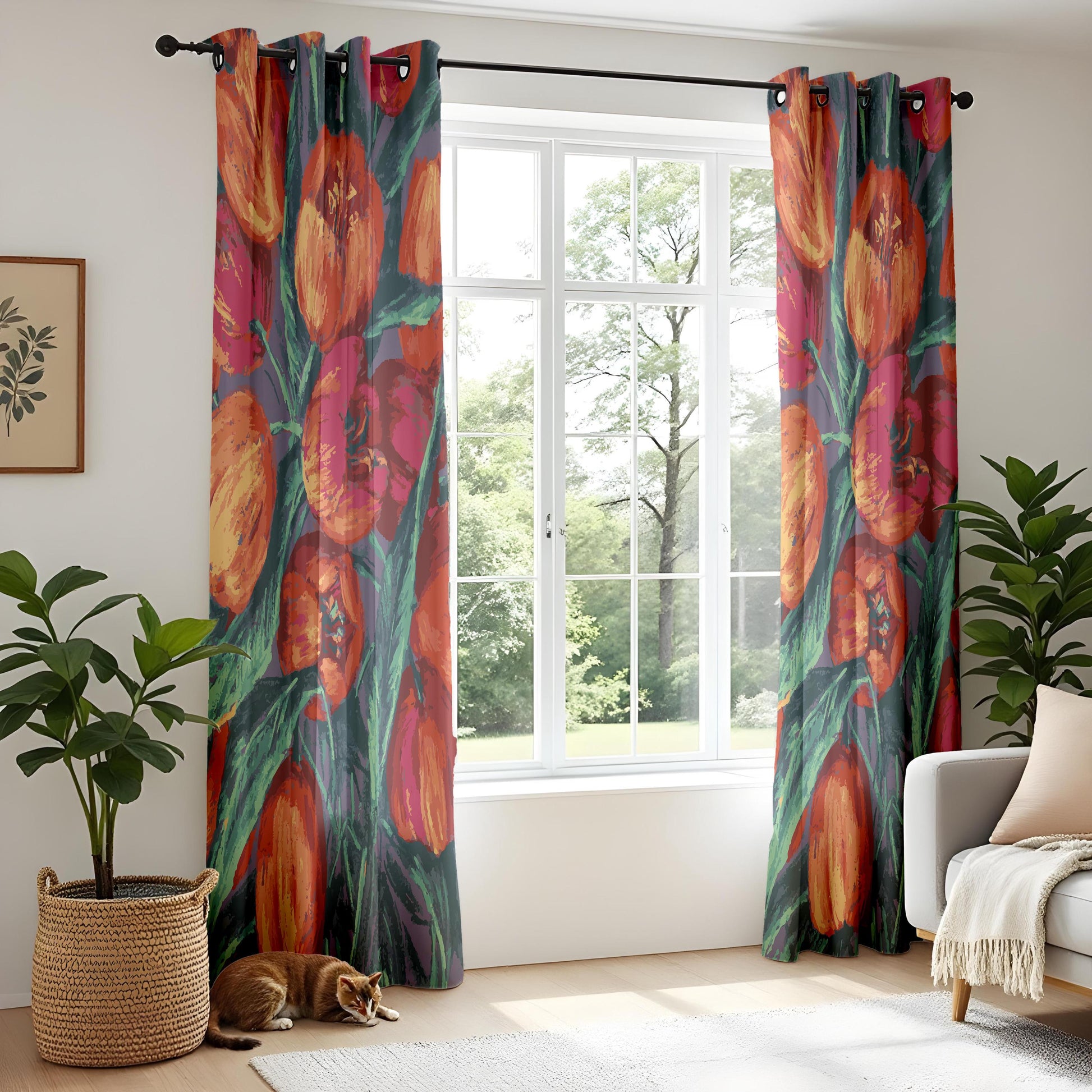Onay Bold Tulip Floral Curtains – Painterly Red Orange Bloom Drapes