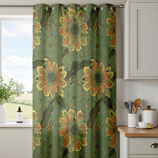 Rustic Sunflower Curtains – Vintage Green Fall Floral Drapes