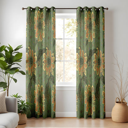 Rustic Sunflower Curtains – Vintage Green Fall Floral Drapes