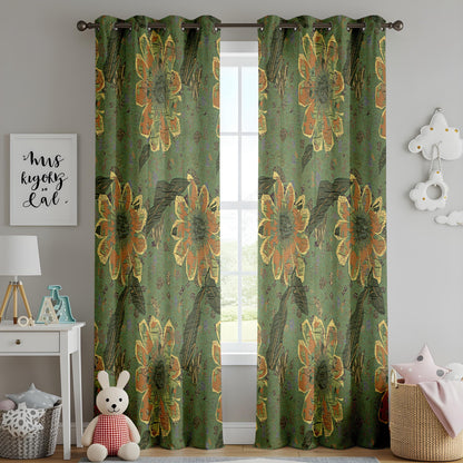 Rustic Sunflower Curtains – Vintage Green Fall Floral Drapes