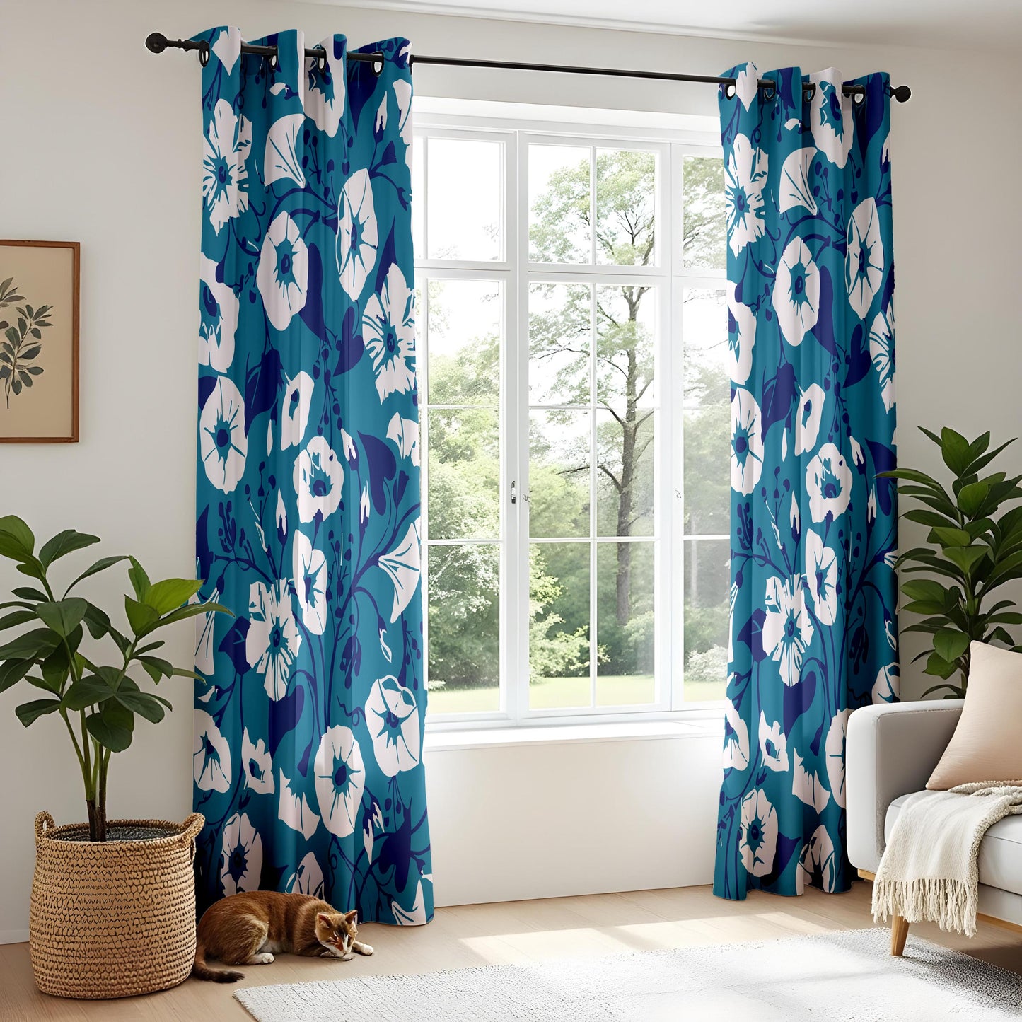 Onay Large Blue Floral Curtains – Modern Botanical Drapes