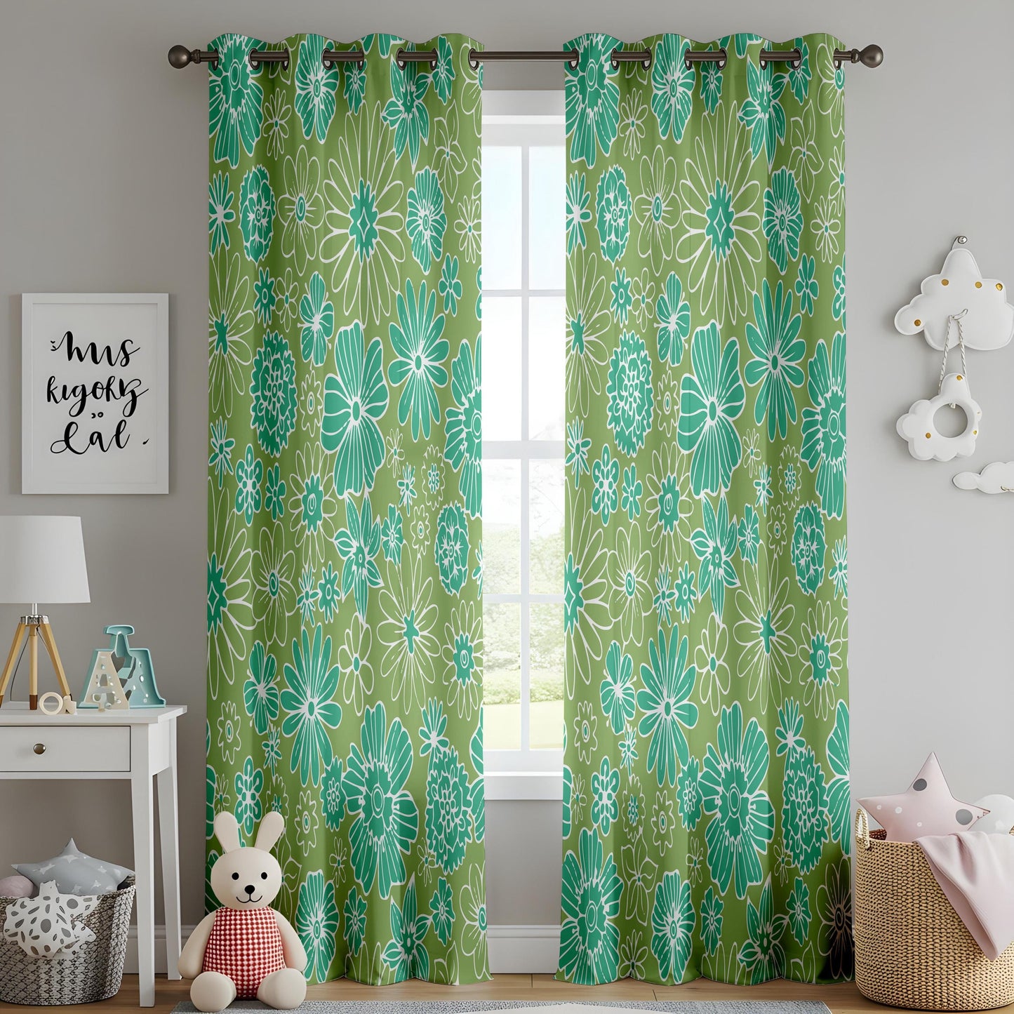 Onay Retro Green Floral Curtains – Olive White Botanical Living Room Drapes
