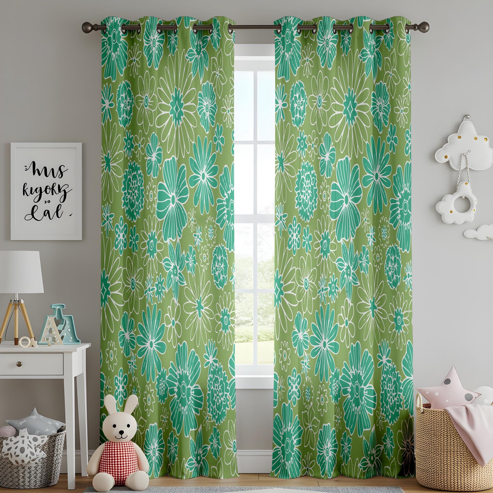 Onay Retro Green Floral Curtains – Olive White Botanical Living Room Drapes