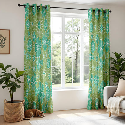 Onay Retro Green Floral Curtains – Olive White Botanical Living Room Drapes