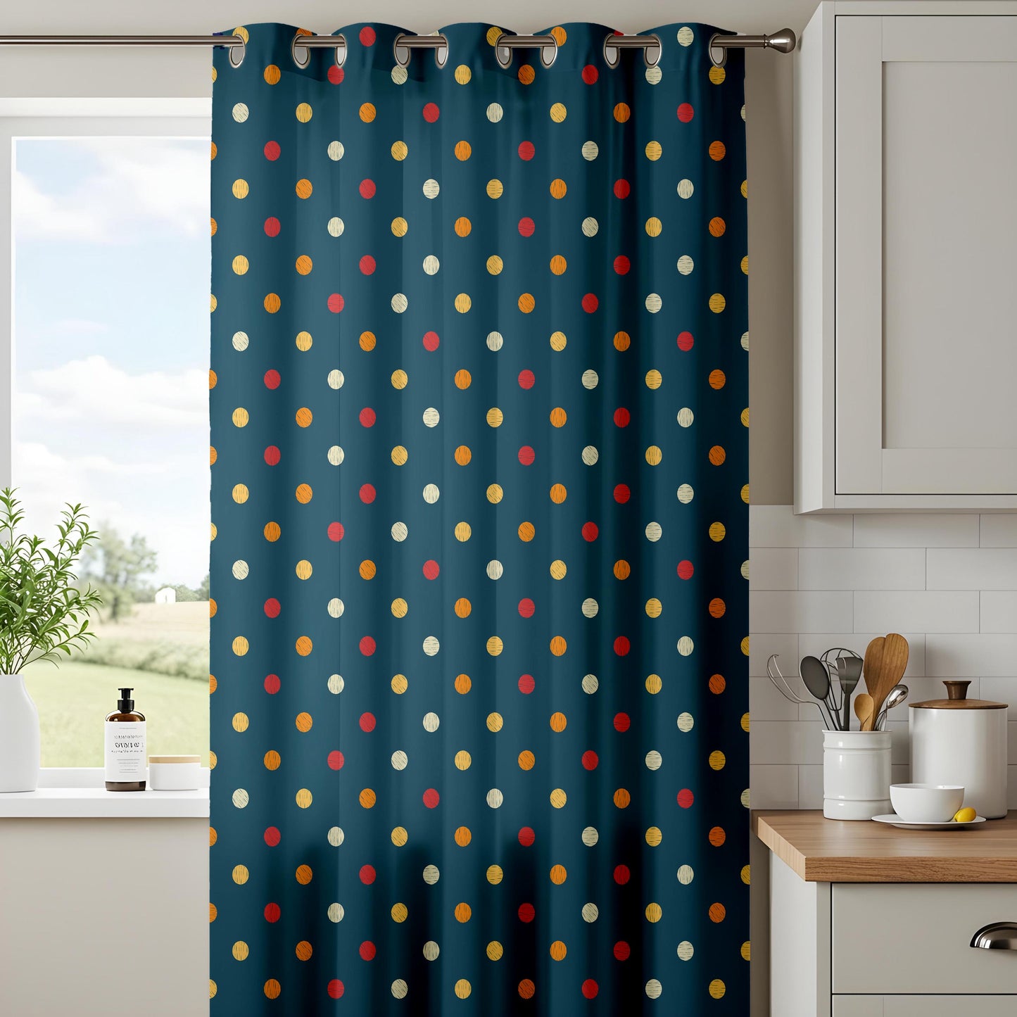 Onay Navy Blue Polka Dot Curtains – Retro Modern Living Room Drapes