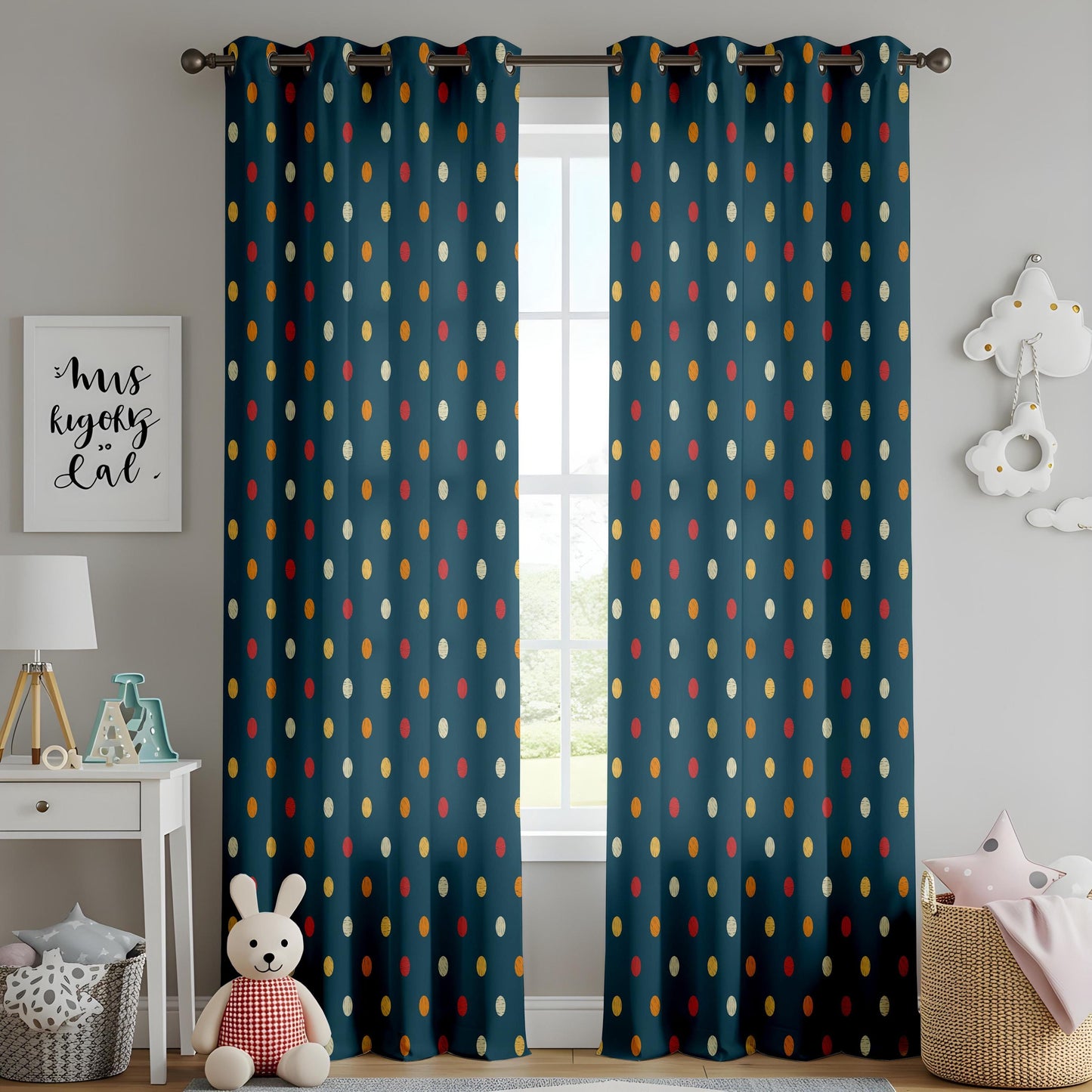 Onay Navy Blue Polka Dot Curtains – Retro Modern Living Room Drapes