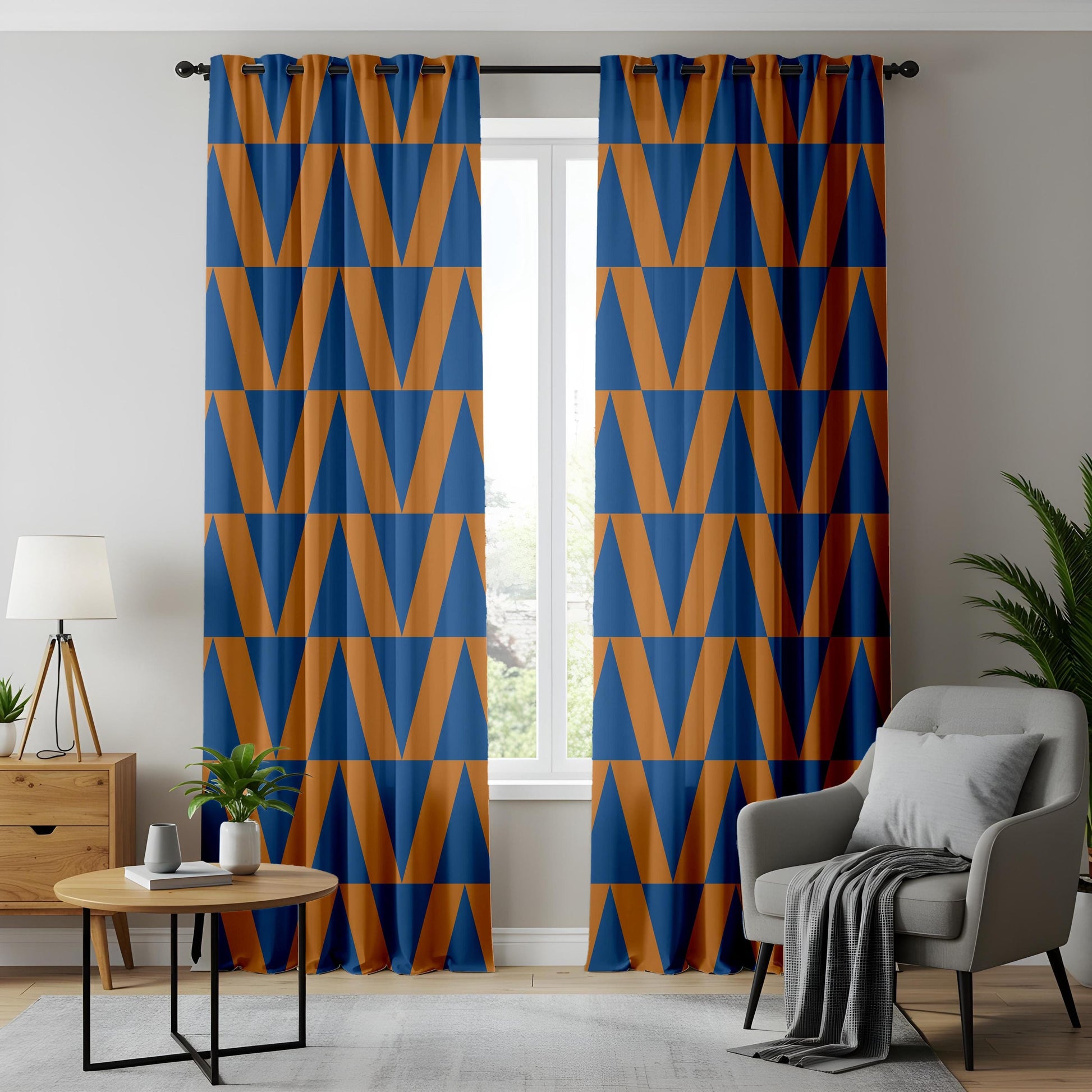 Onay Mustard Blue Triangles Mid Century Modern Curtains