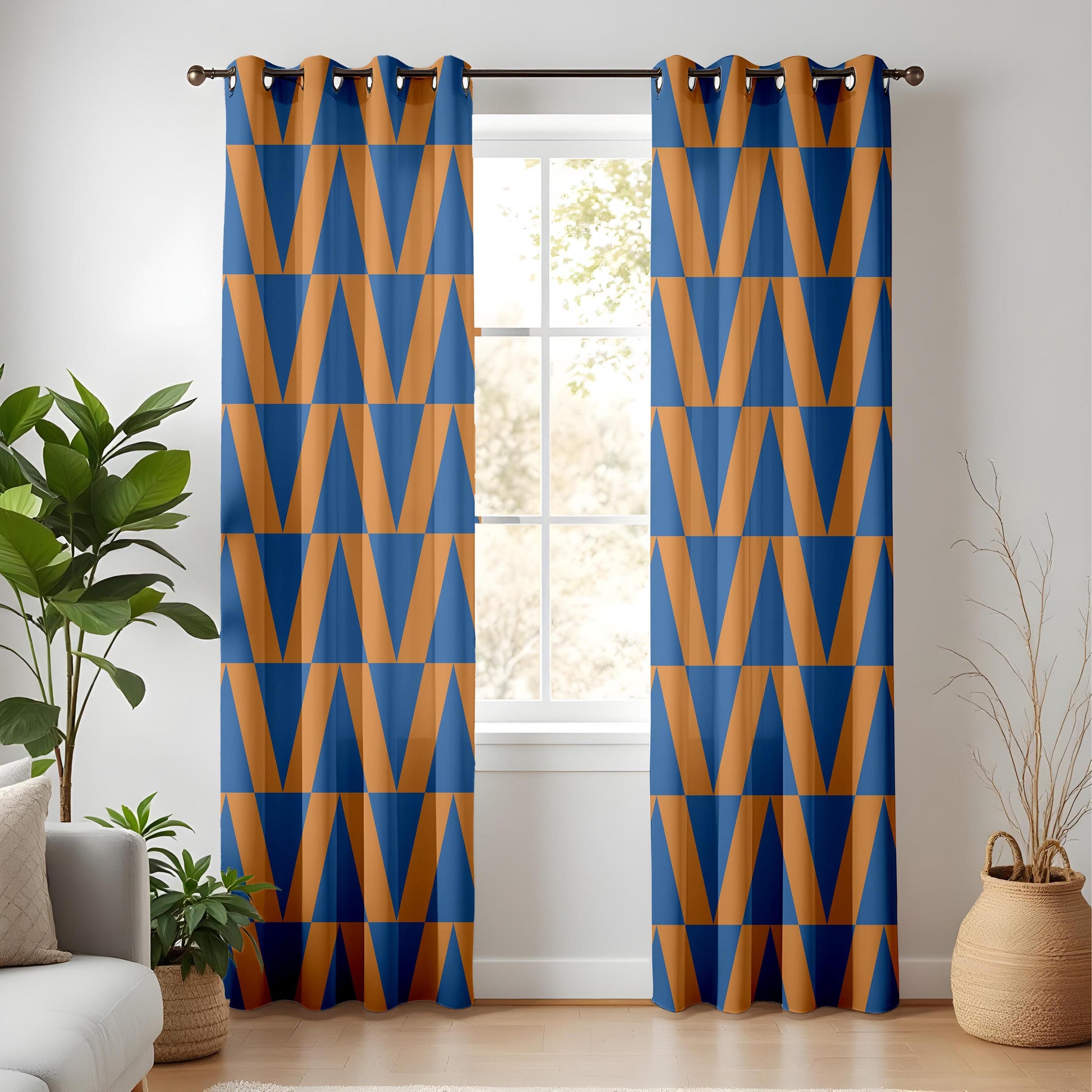 Onay Mustard Blue Triangles Mid Century Modern Curtains