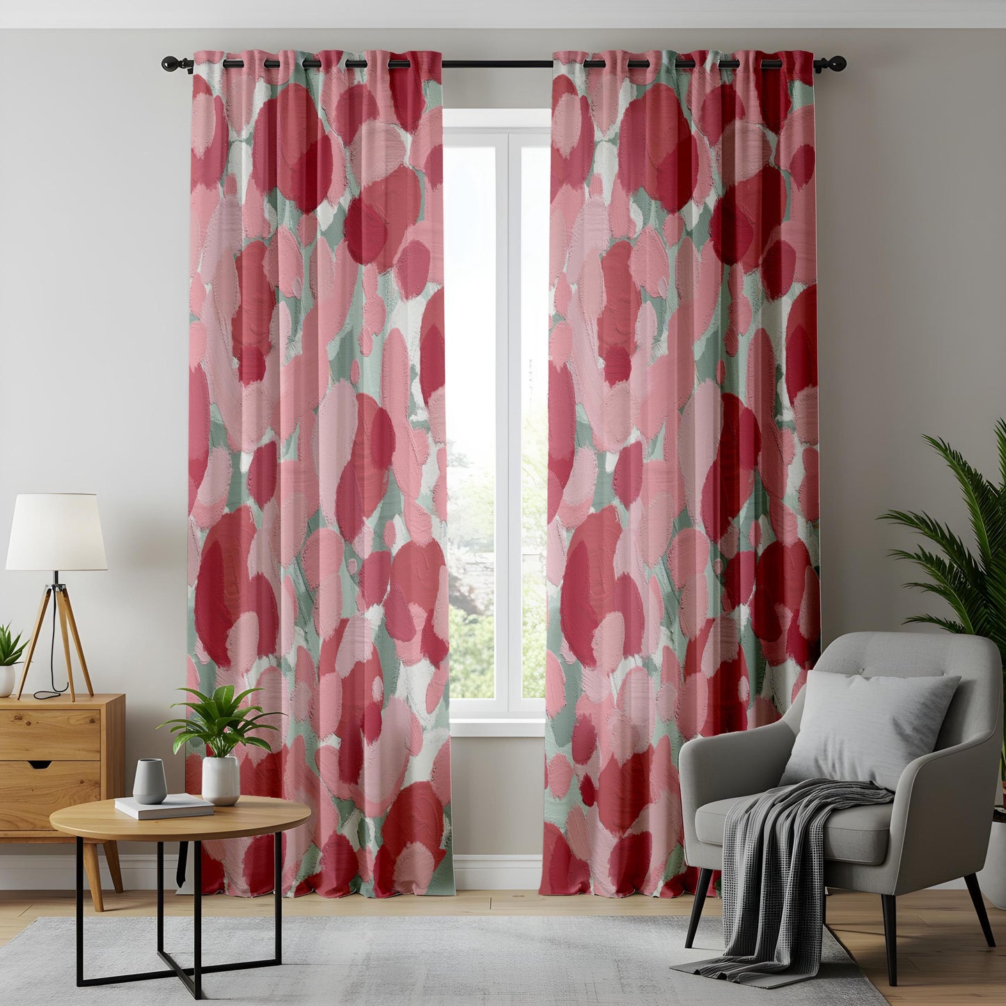 Onay Abstract Brushstroke Curtains – Pink Red Mint Green Artistic Drapes