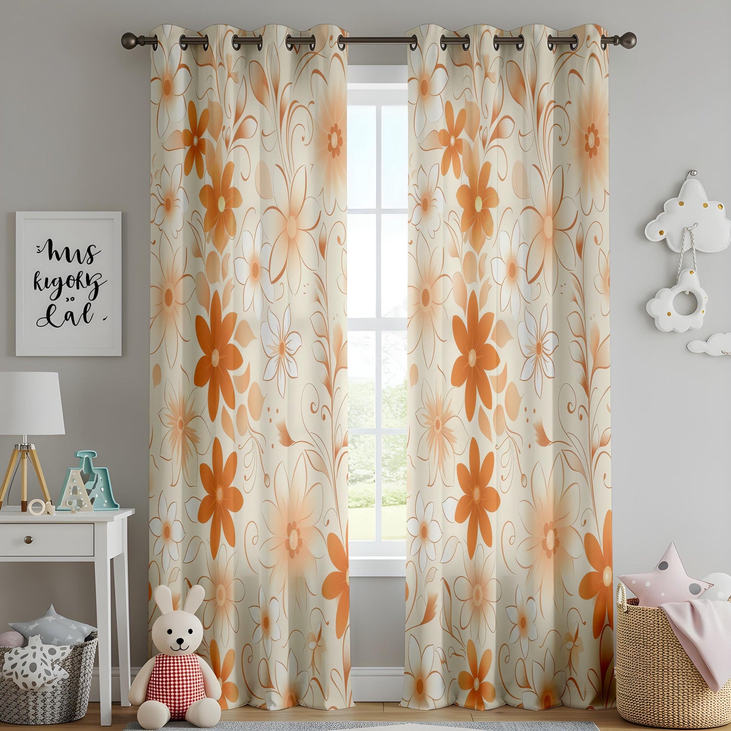 Onay Retro Orange Floral Curtains – Cream Boho Living Room Drapes