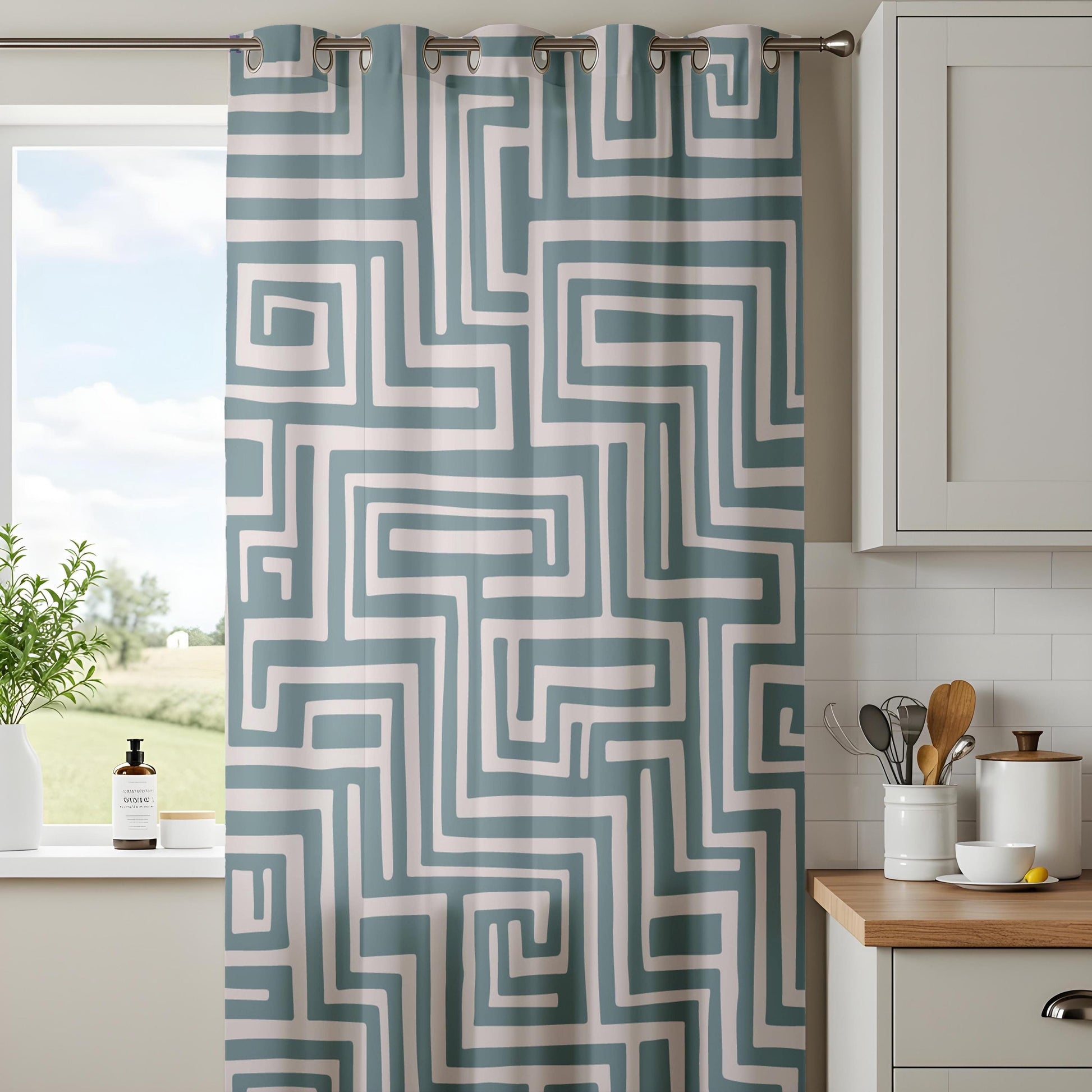 Onay Slate Blue Geometric Curtains – Modern Labyrinth Pattern Drapes