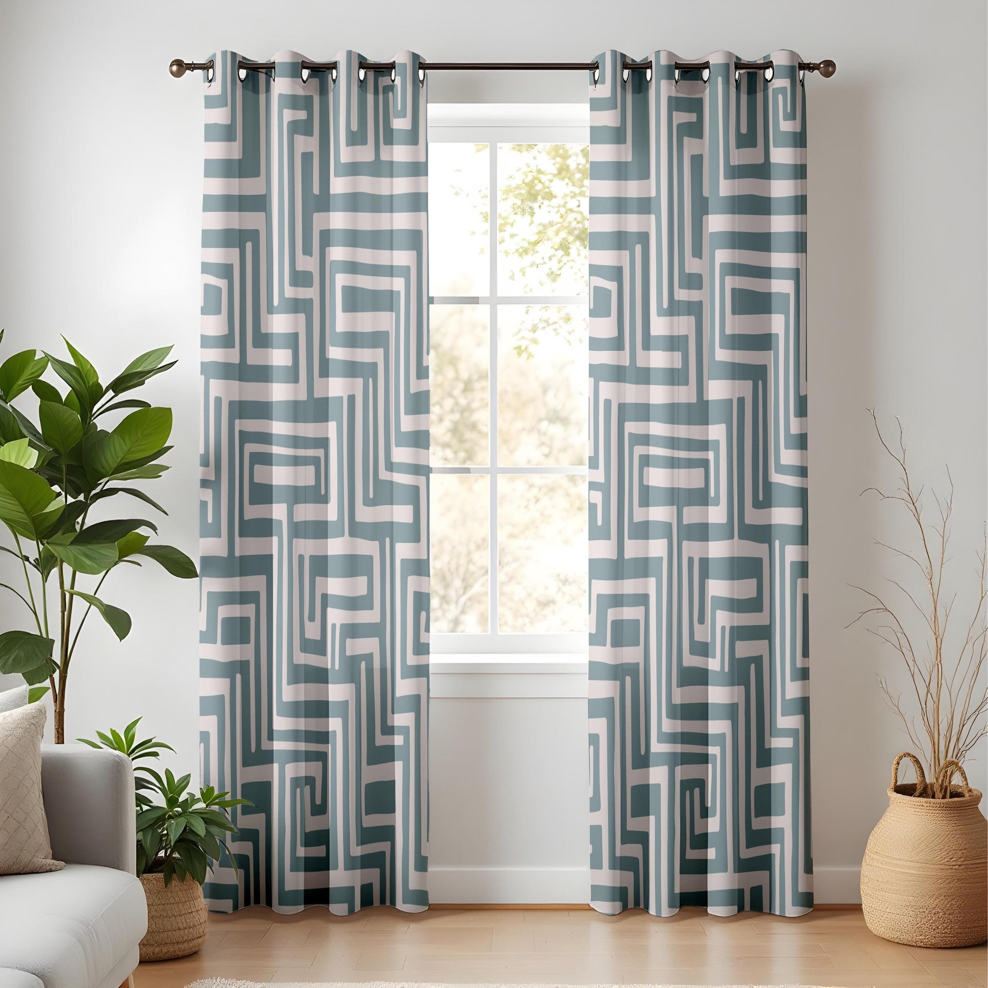 Onay Slate Blue Geometric Curtains – Modern Labyrinth Pattern Drapes