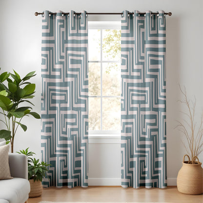 Onay Slate Blue Geometric Curtains – Modern Labyrinth Pattern Drapes
