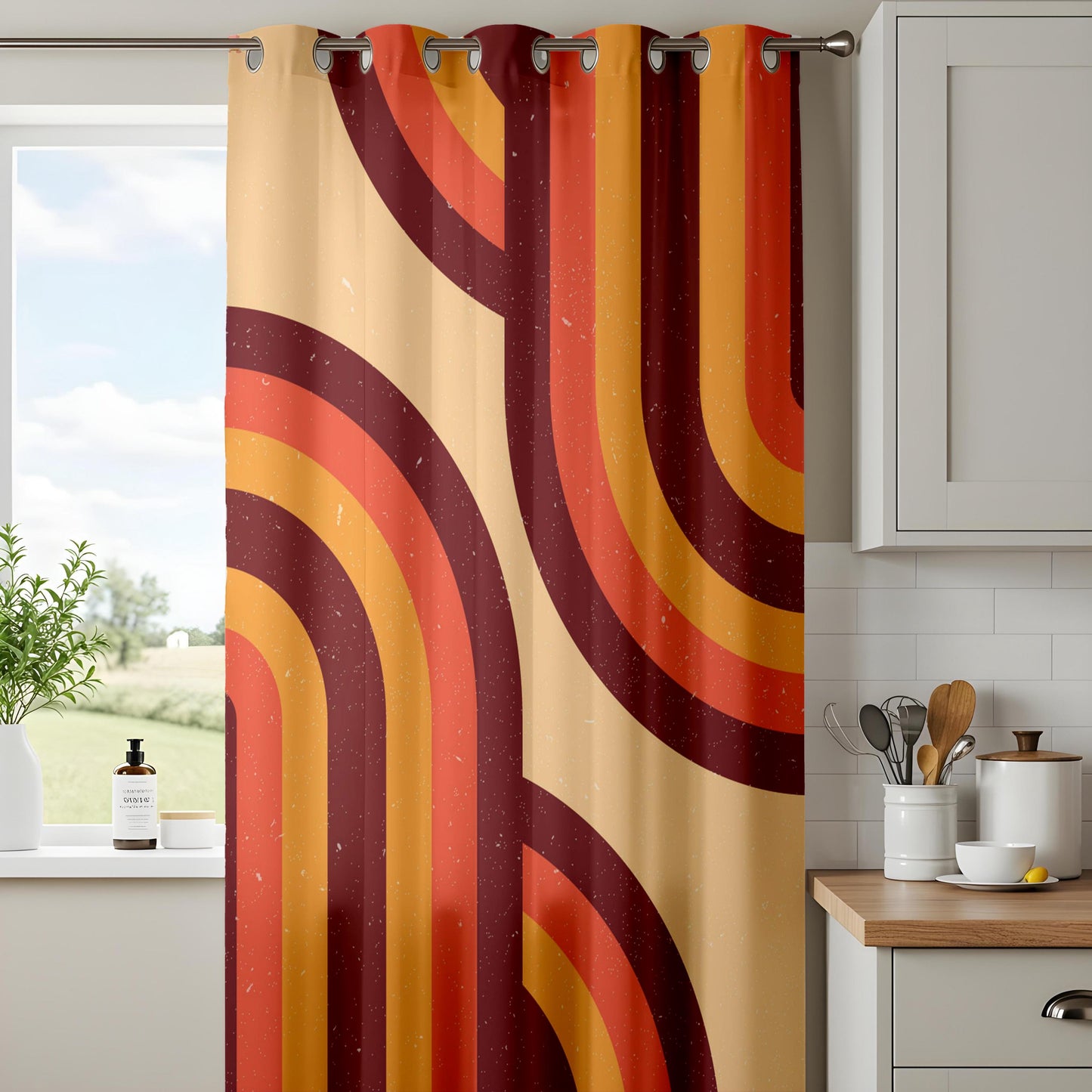 Onay Retro 70s Style Curtains – Burnt Orange & Mustard Wavy Drapes