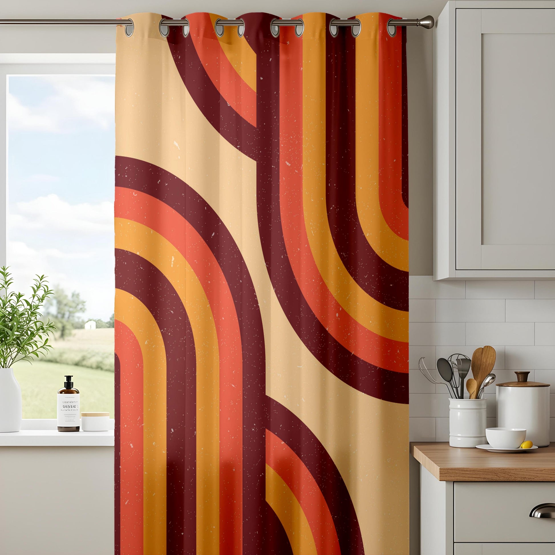 Onay Retro 70s Style Curtains – Burnt Orange & Mustard Wavy Drapes