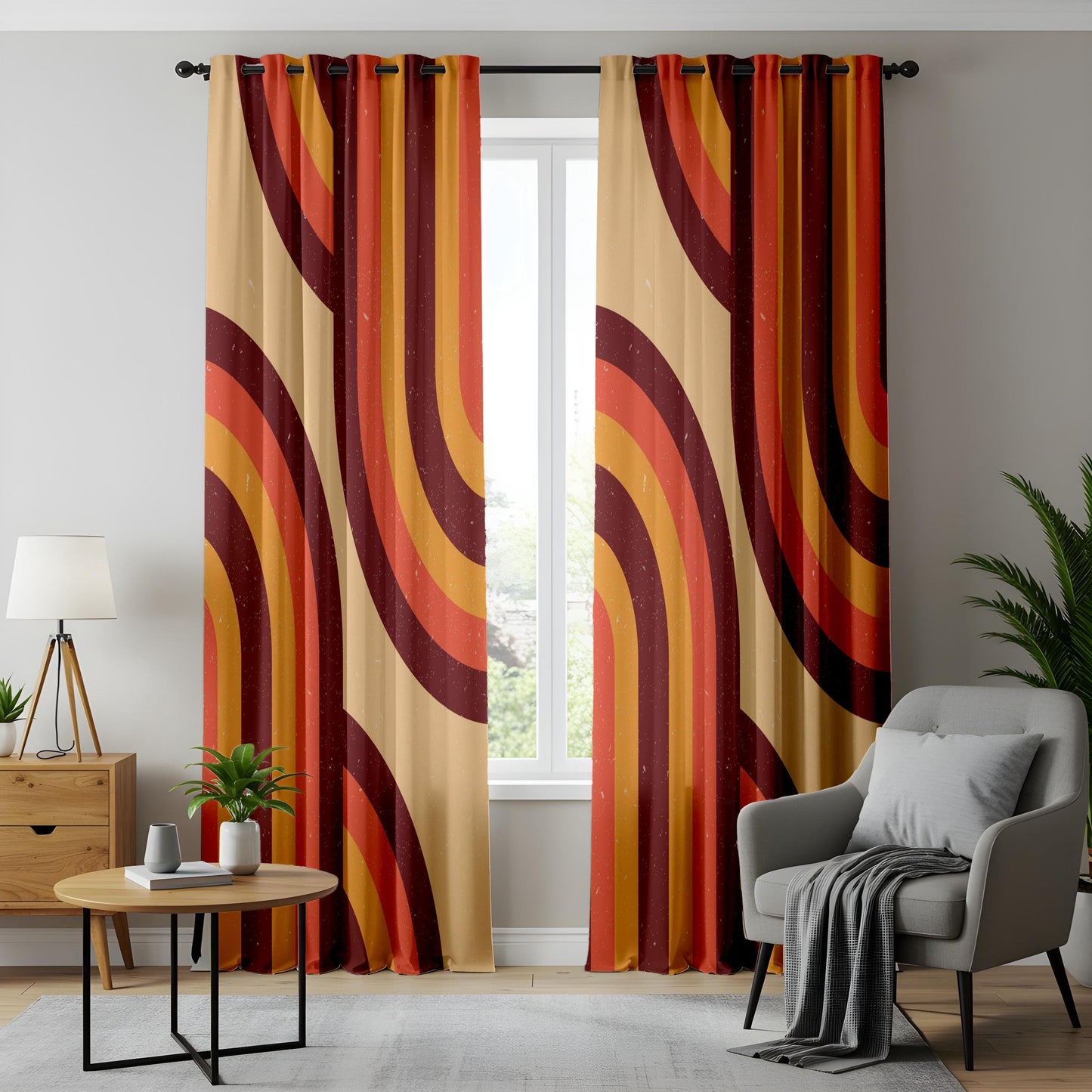 Onay Retro 70s Style Curtains – Burnt Orange & Mustard Wavy Drapes