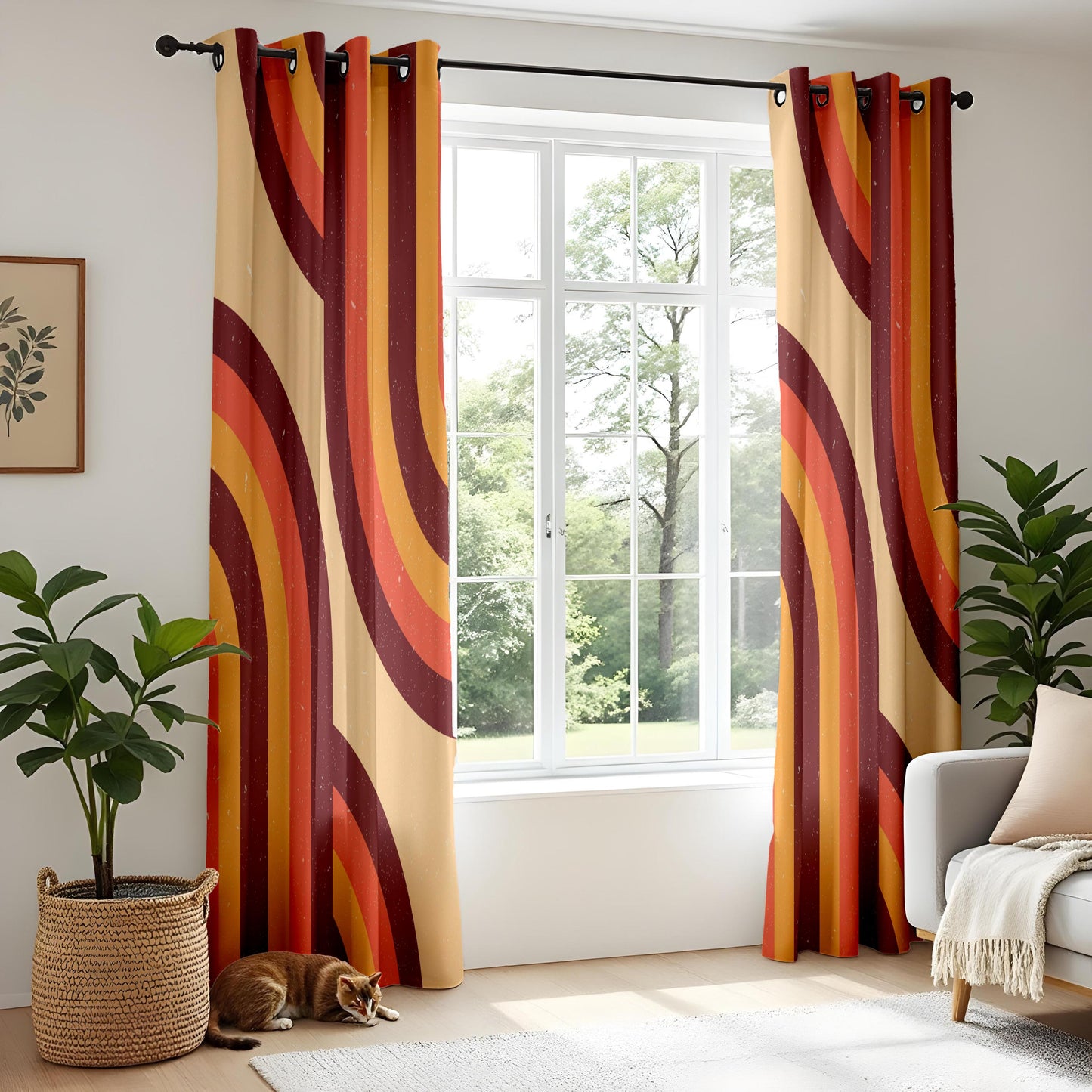Onay Retro 70s Style Curtains – Burnt Orange & Mustard Wavy Drapes